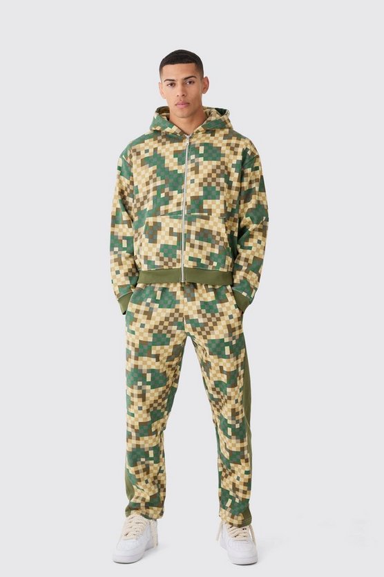 Kastiger Oversize Camouflage Hoodie-Trainingsanzug mit Reißverschluss