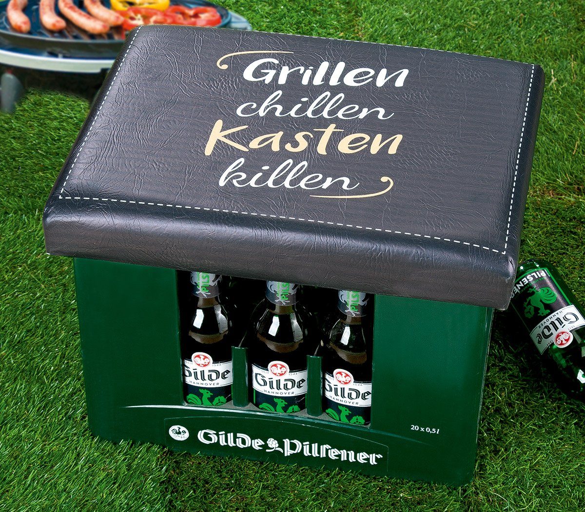 GILDE Sitzauflage Sitzpolster Bierkasten “Grillen Chillen…” Kunststoff schwarz metallic, (1 St), LBH 44/34/5cm