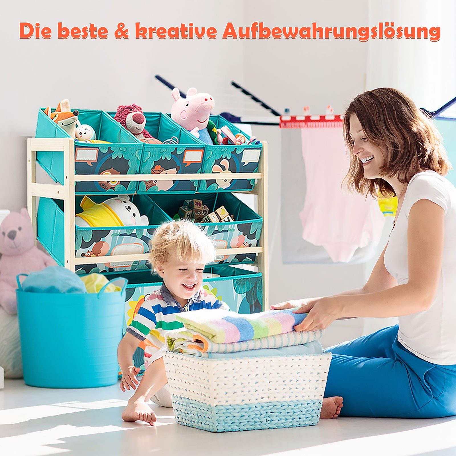 LBLA Kinderregal Spielzeug-Organizer mit 3-stöckiges Holzregal, Aufbewahrungsregal Spielzeugregal Bücherregal für Kinder