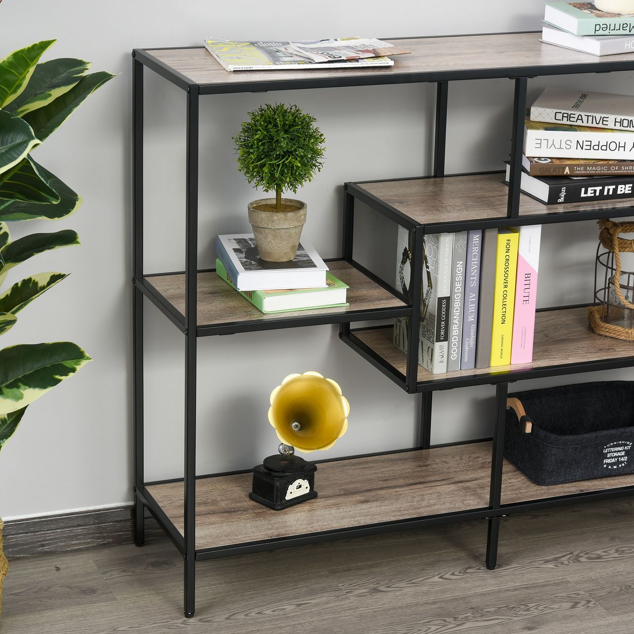 HOMCOM Standregal, Bücherregal Lagerregal Industrieller Stil, Aktenregal, Küchenregal, P2 Spanplatte, Metall, Schwarz helle Eiche, 120 x 32 x 95 cm
