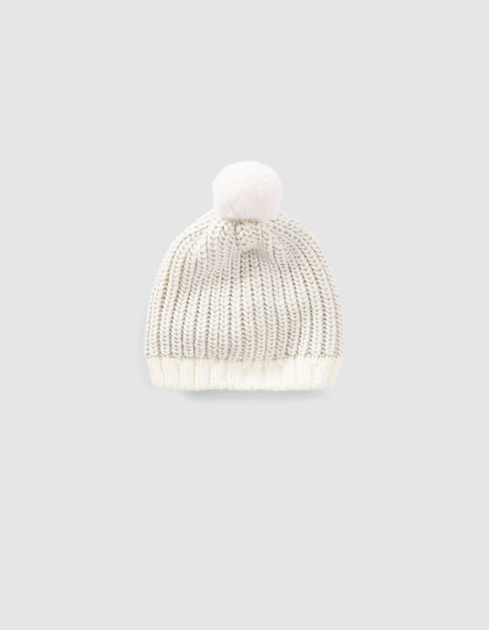 Bonnet écru tricot lurex doré badge éclair bébé fille