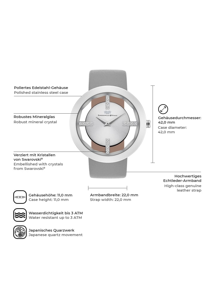Rhodenwald & Söhne Damen Quarzuhr silber Echtleder grau in grau günstig kaufen 18 cm
