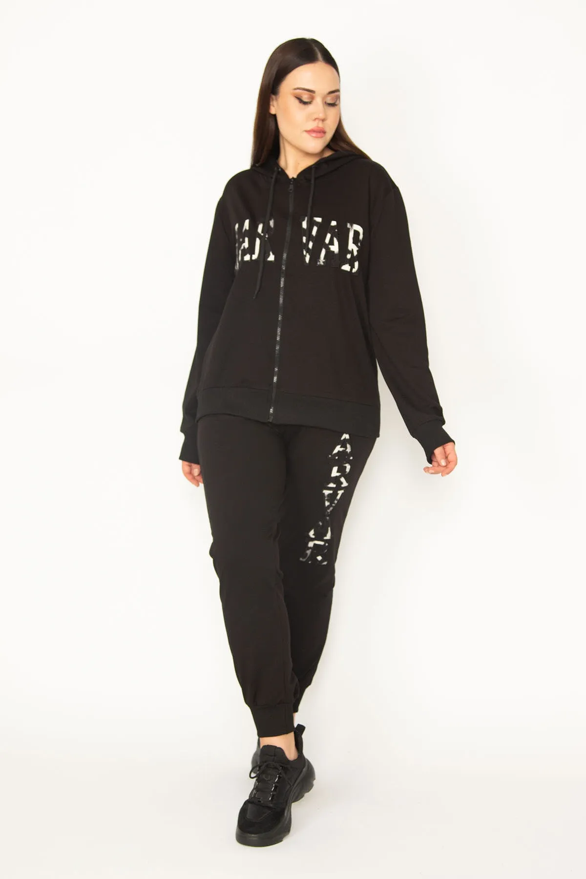 Şans  Damen-Trainingsanzug in großer Größe, schwarz, mit Kapuze, Reißverschluss vorne, detaillierte Sweatshirt-Hose, 65n31333