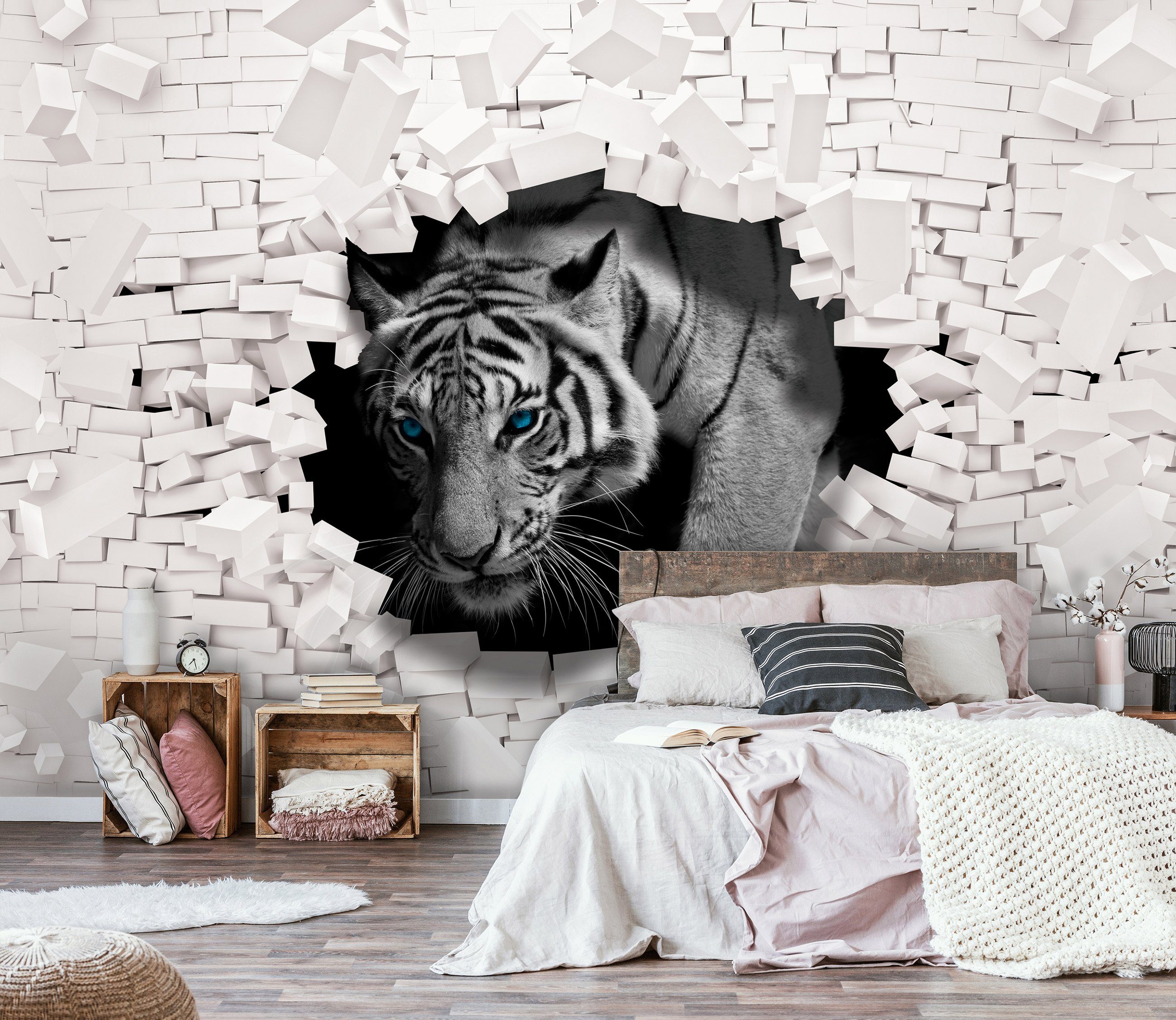 Wallarena Fototapete Kinderzimmer Jungen 3D EFFEKT Tiger Tiere Ziegel Abstrakt Modern Vlies Tapete für Wohnzimmer oder Schlafzimmer Vliestapete Wandtapete Motivtapete, Glatt, 3D-Optik, Vliestapete inklusive Kleister