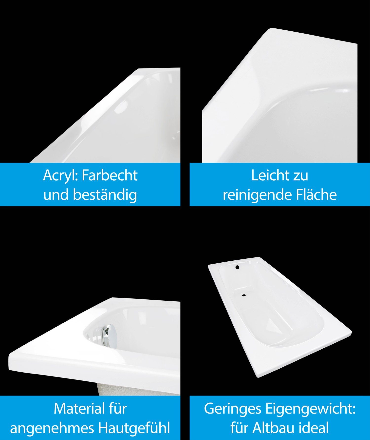 aquaSu Badewanne Klassik, (3-tlg), Weiß, 170 x 75 cm, Acryl, Wannenträger und Ablaufgarnitur, 839594