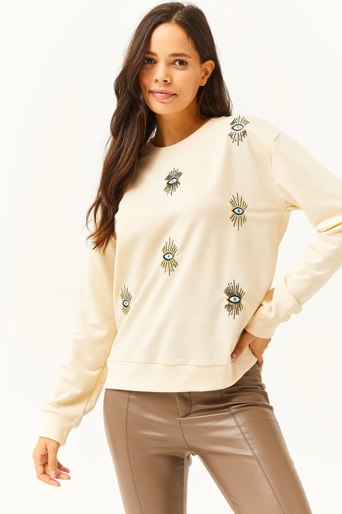 Olalook  Saisonales Damen-Sweatshirt mit aufgesticktem Auge in Beige SWT-19000598