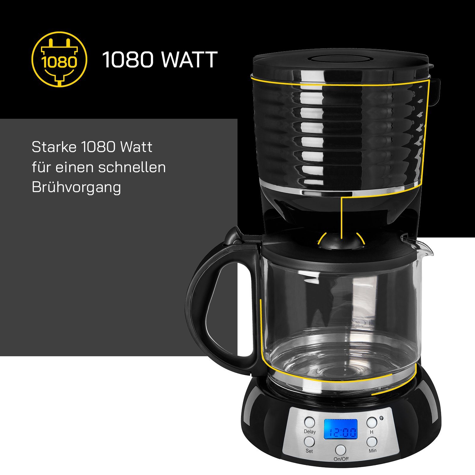 Gutfels Filterkaffeemaschine COFFEE 3300 C, 1.5l Kaffeekanne, Papierfilter Standardgröße 1 x 4, LED-Display & Timerfunktion, 1080 Watt Leistung