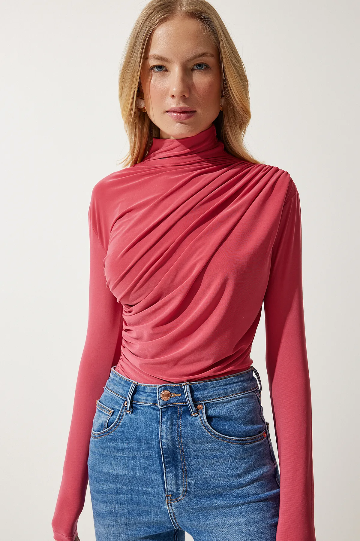Happiness İstanbul  Damen Bluse Sandy mit Stehkragen und Raffung in Bonbonrosa FF00135