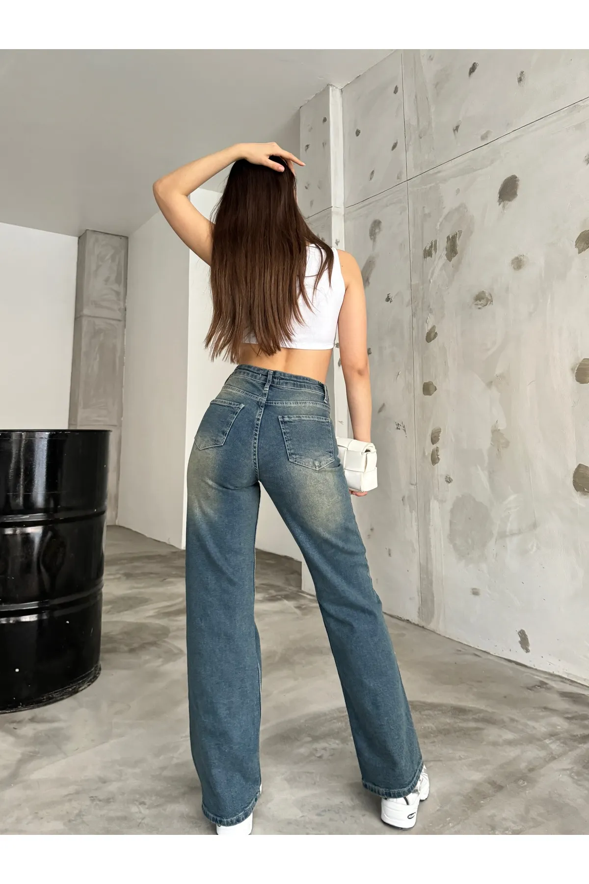 BİKELİFE  Damen-Jeans im Vintage-Stil mit hoher Taille und weitem Bein in hellem Effekt