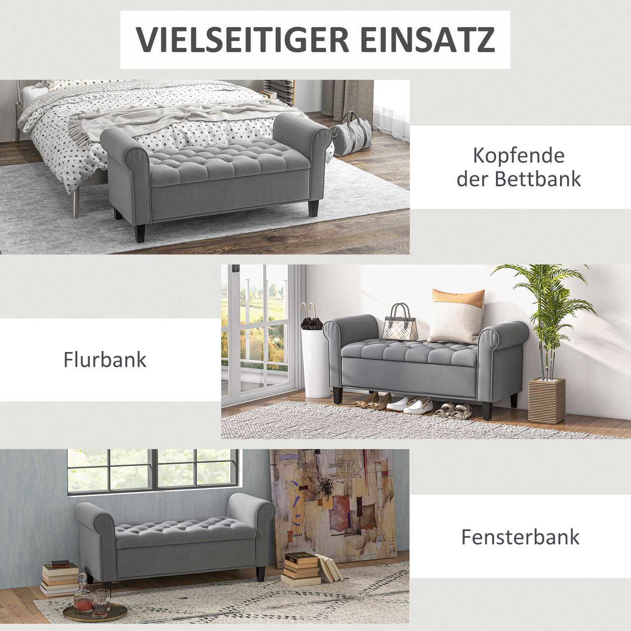 HOMCOM Polsterbank Bettbank, Sitzbank in Samtoptik, Flurbank mit Stauraum, Grau