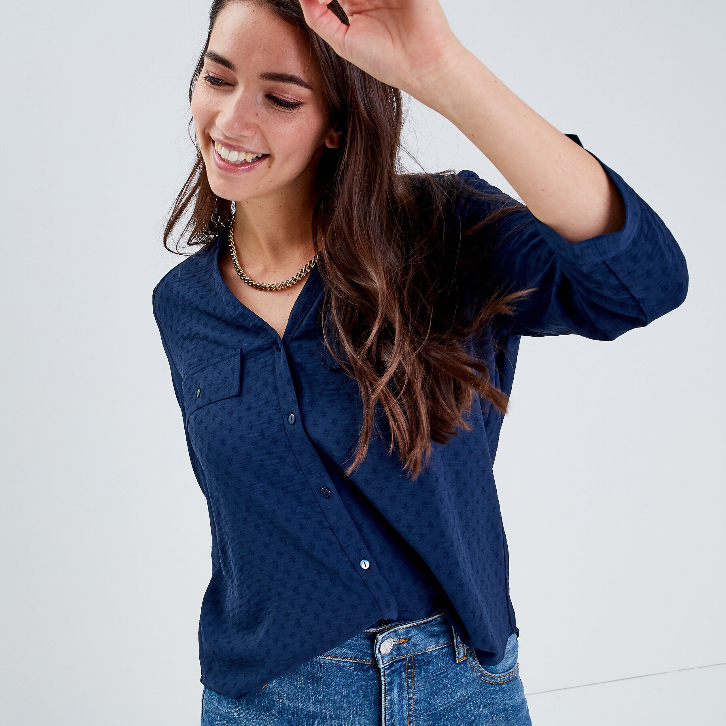 Chemise manches 3/4 bleu marine femme | Cache Cache