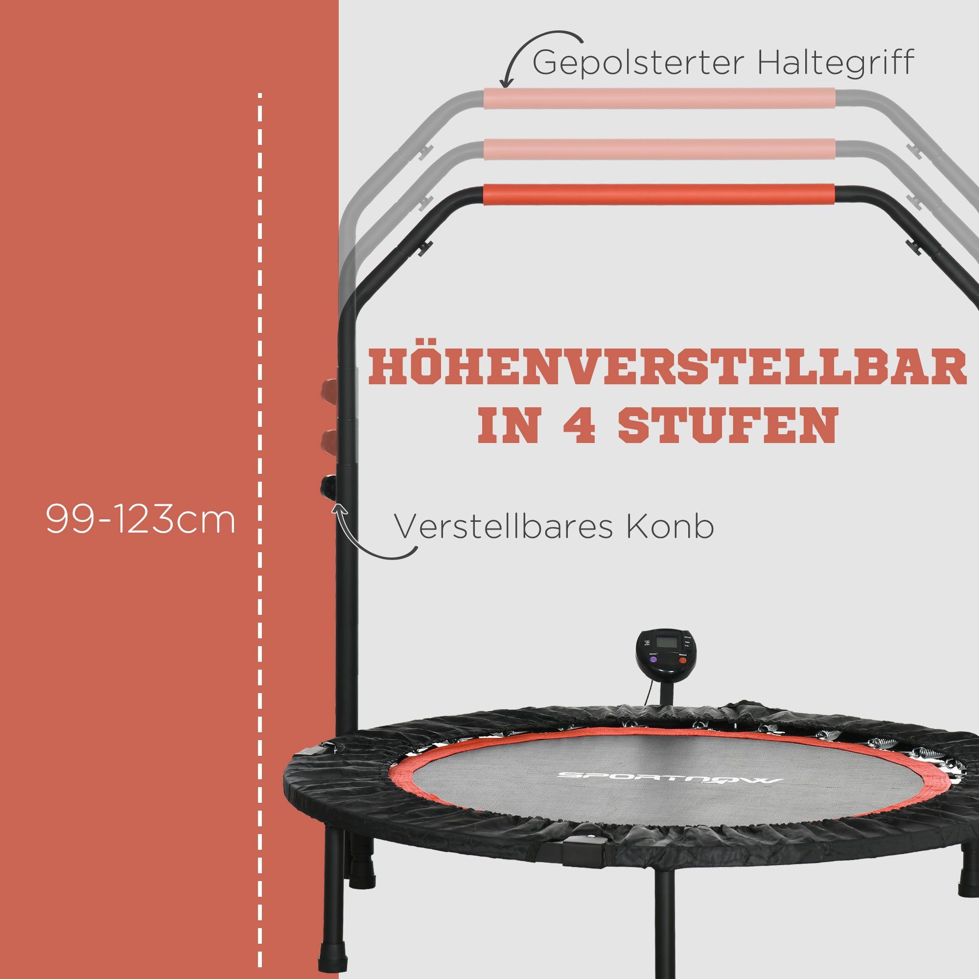 SPORTNOW Fitnesstrampolin mit Haltegriff, LCD-Monitor, Stahl, Ø 15 cm, (Set, 1, Fitness-Trampolin), Ø102 x 99-123H cm