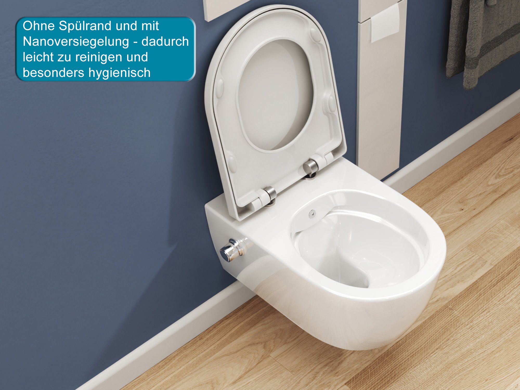 SSWW Dusch-WC Design Keramik Hänge-WC Wand WC Spülrandlos Taharat, wandhängend, Dusch-WC inkl. WC-Sitz abnehmbar, Düse und Kaltwasserventil