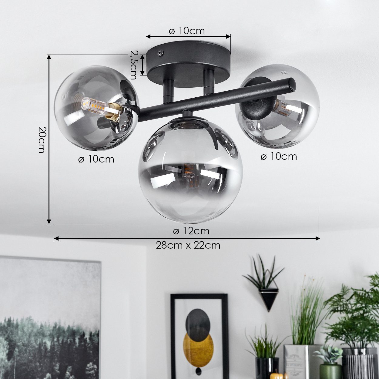 hofstein Deckenleuchte Isorella moderne Deckenlampe aus Metall/Glas in Schwarz/Rauchfarben, ohne Leuchtmittel, Leuchte im modernen Design mit Schirmen aus Rauchglas, 3xG9
