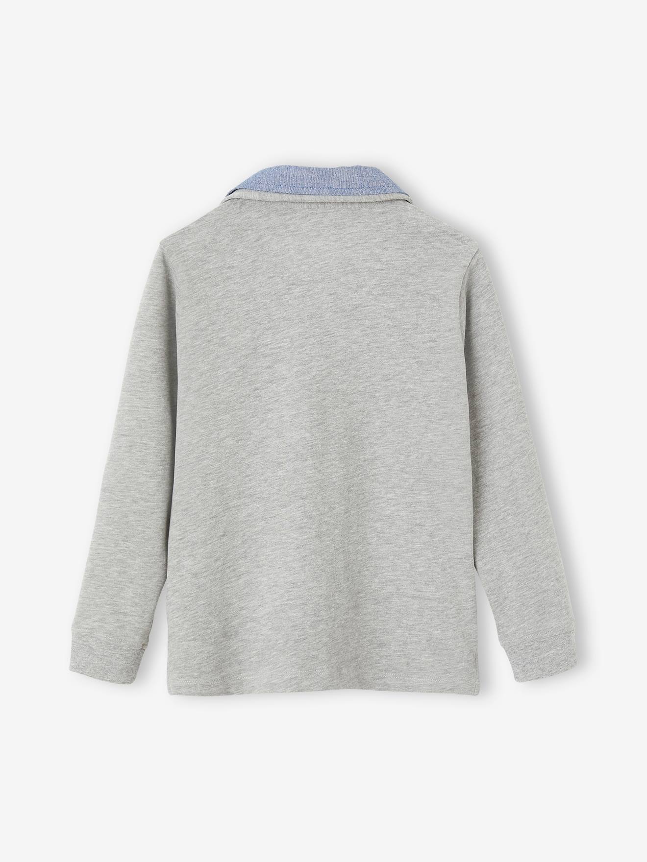 Polo garçon avec badge et col en chambray dark bleu indigo