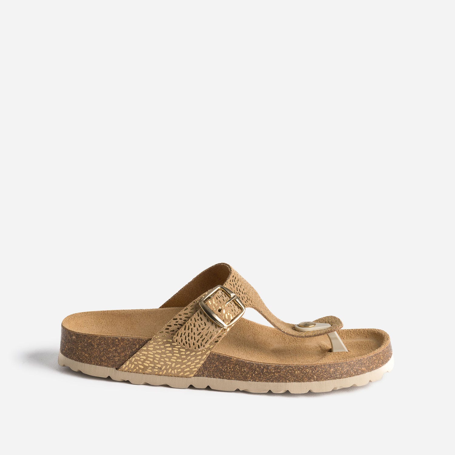 Tong anatomique beige en cuir velours détails dorés
