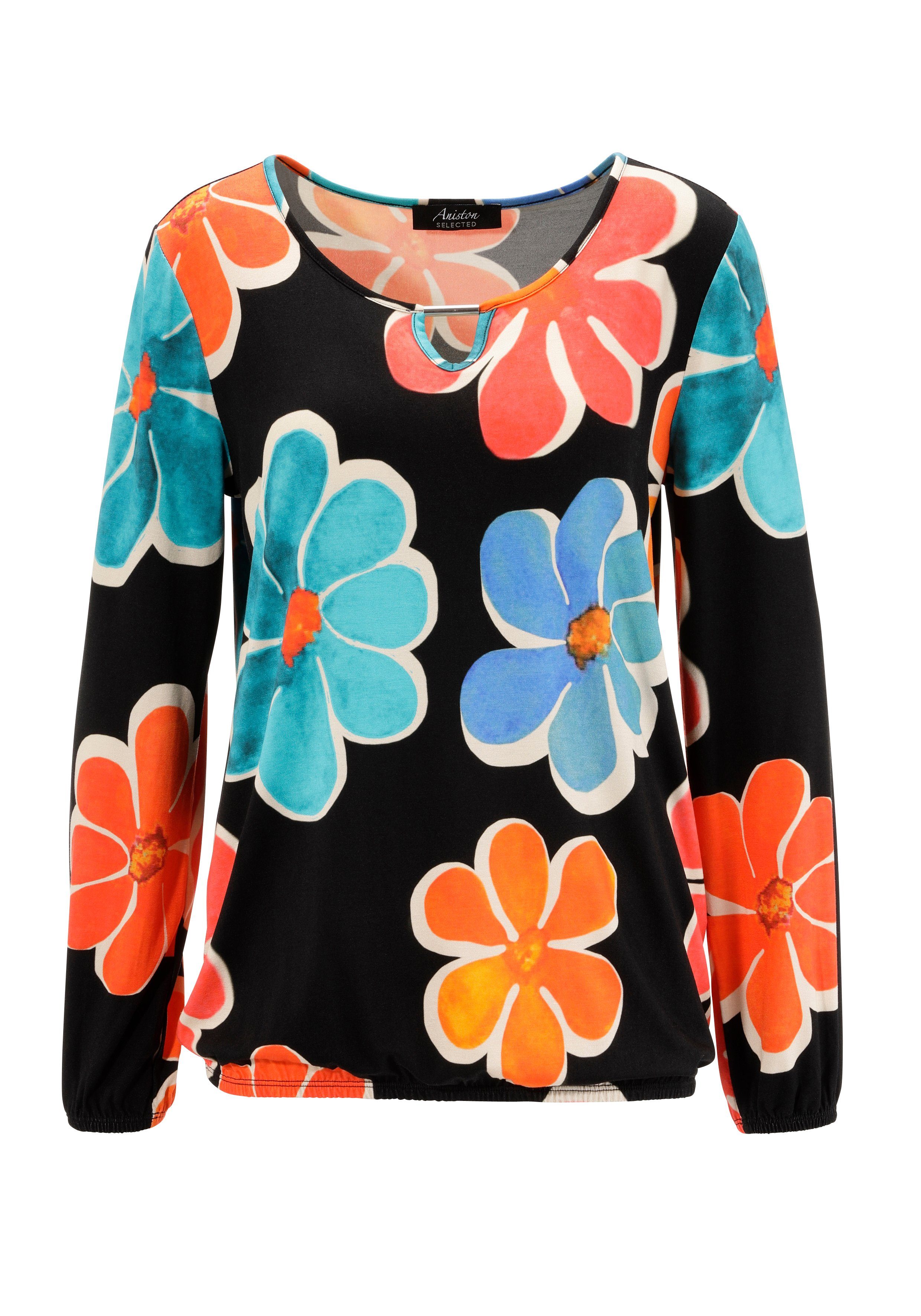 Aniston SELECTED Langarmshirt mit Cut-out und farbenfrohem Blütendruck - NEUE KOLLEKTION