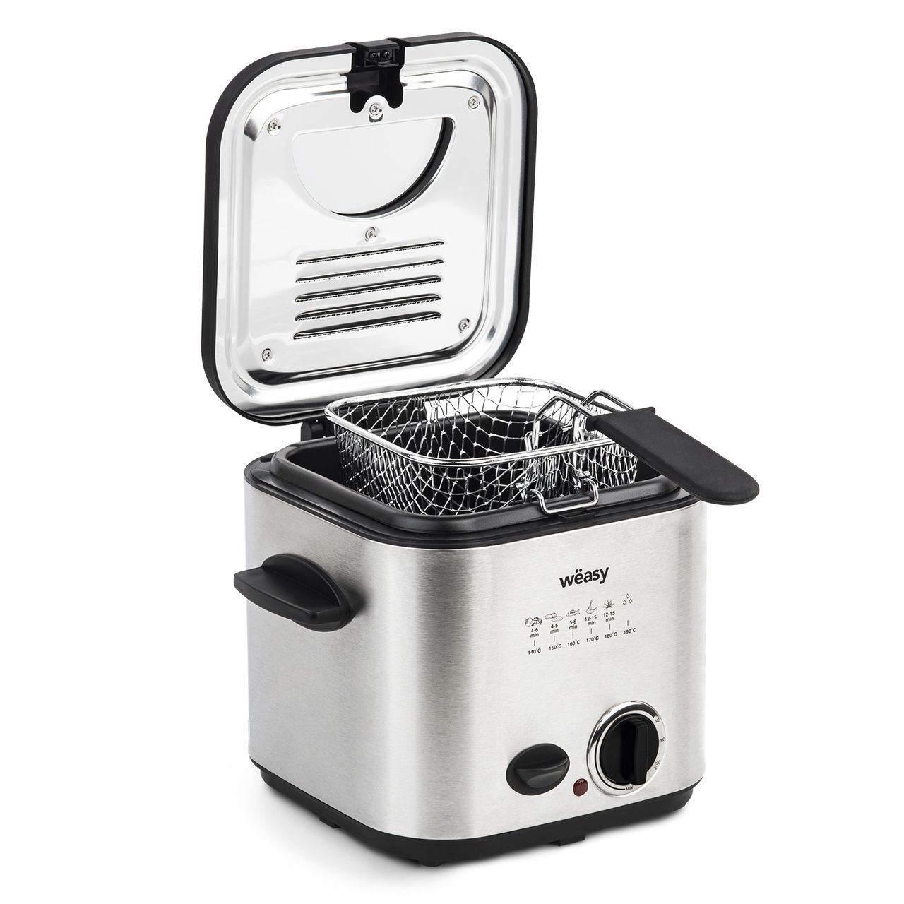 Weasy Wëasy TB600 Elektrische Fritteuse und Fondue, 2 in 1, 1,2 l, Edelstahl, multifunktional, kompakt, 6 Gabeln, Geruchsfilter, abnehmbarer Korb, verstellbare Temperatur, Silber/Schwarz, 840 W, 1,2 l