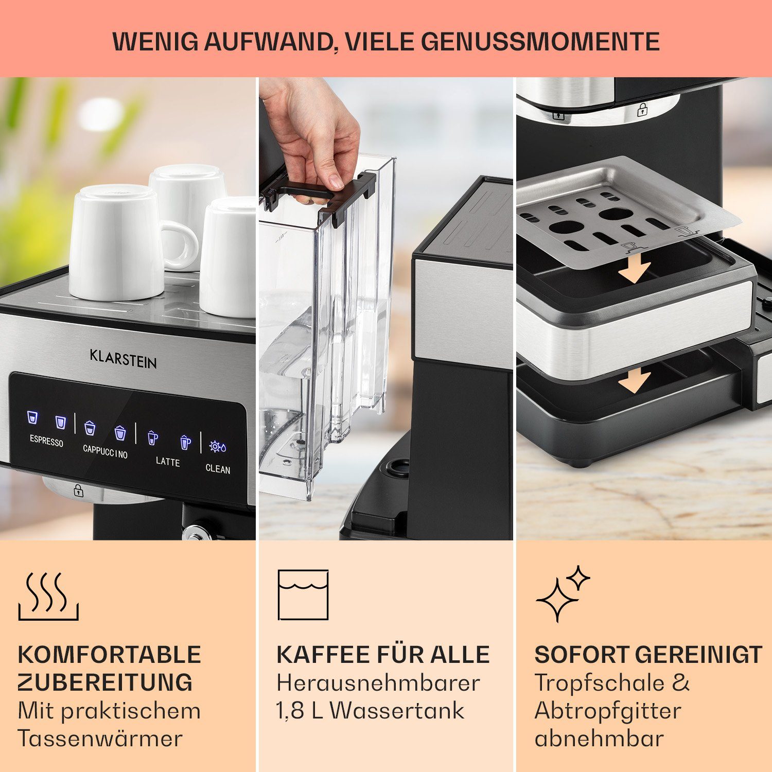 Klarstein Espressomaschine Arabica Comfort, 1.8l Kaffeekanne, Gemahlener Kaffee und Pads: 2-in-1- Nutzung zum flexiblen Gebrauch
