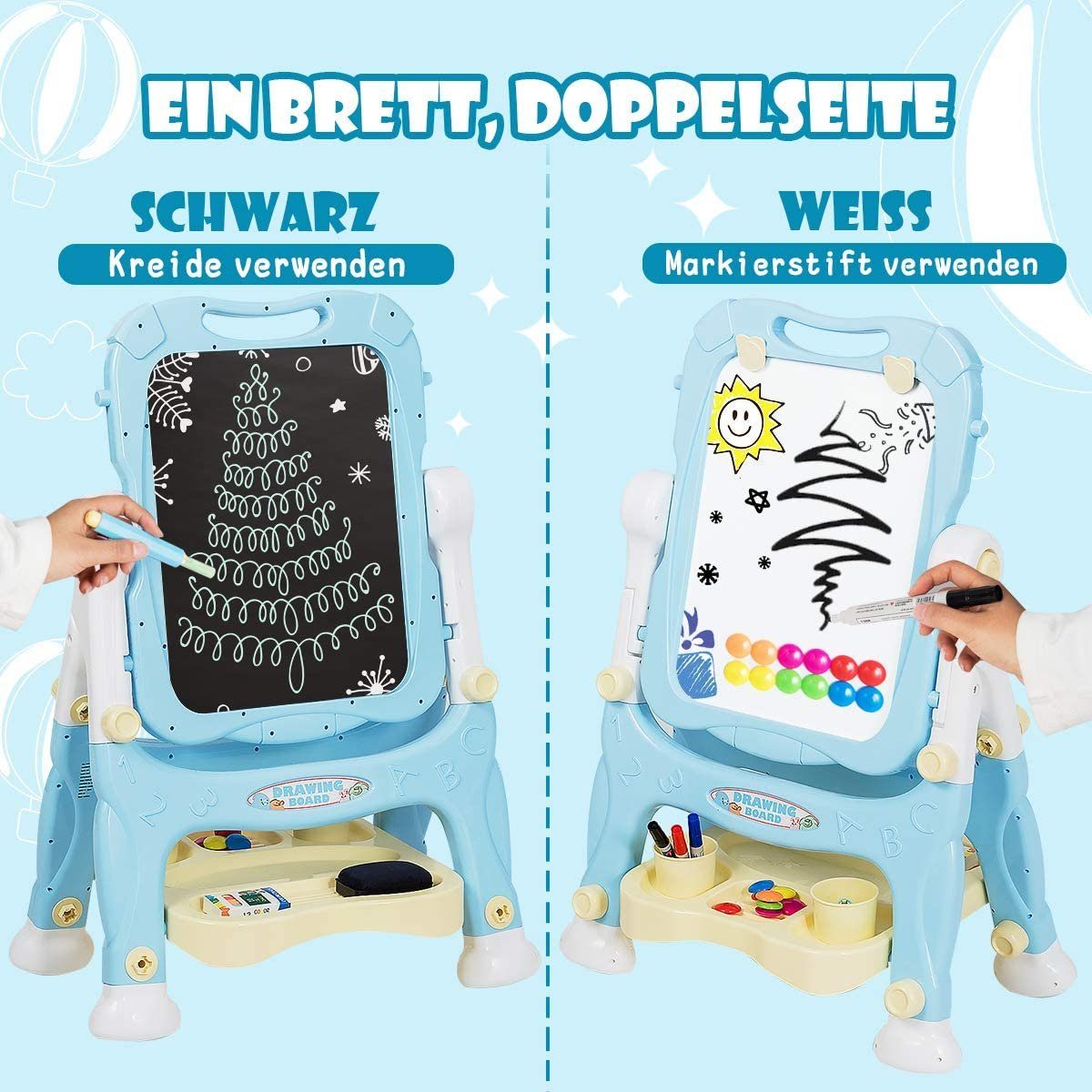 COSTWAY Standtafel, 2 in 1 Whiteboard & Kreidetafel, höhenverstellbar