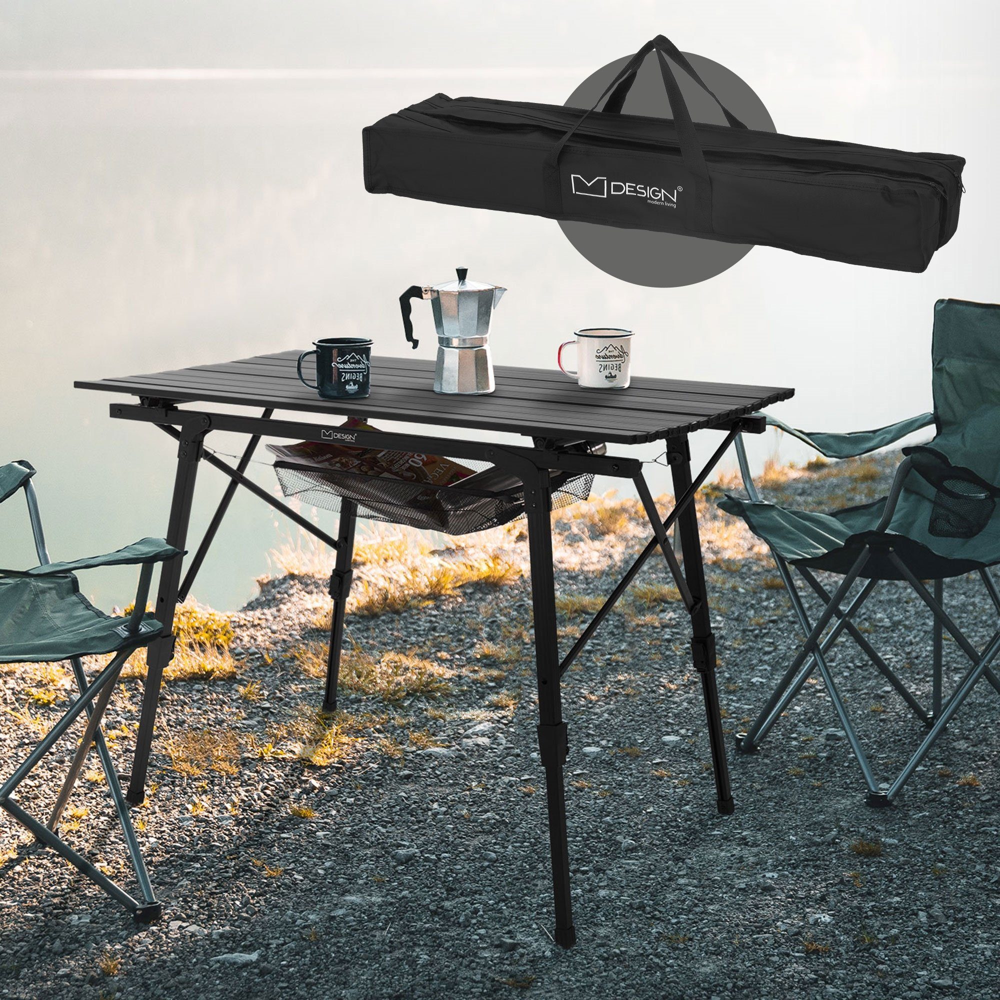 ML-DESIGN Klapptisch Campingtisch Aufrollbare Tischplatte Falttisch Gartentisch Balkontisch, Schwarz 90x51,5cm Aluminium höhenverstellbar 46-66,5cm bis 30kg