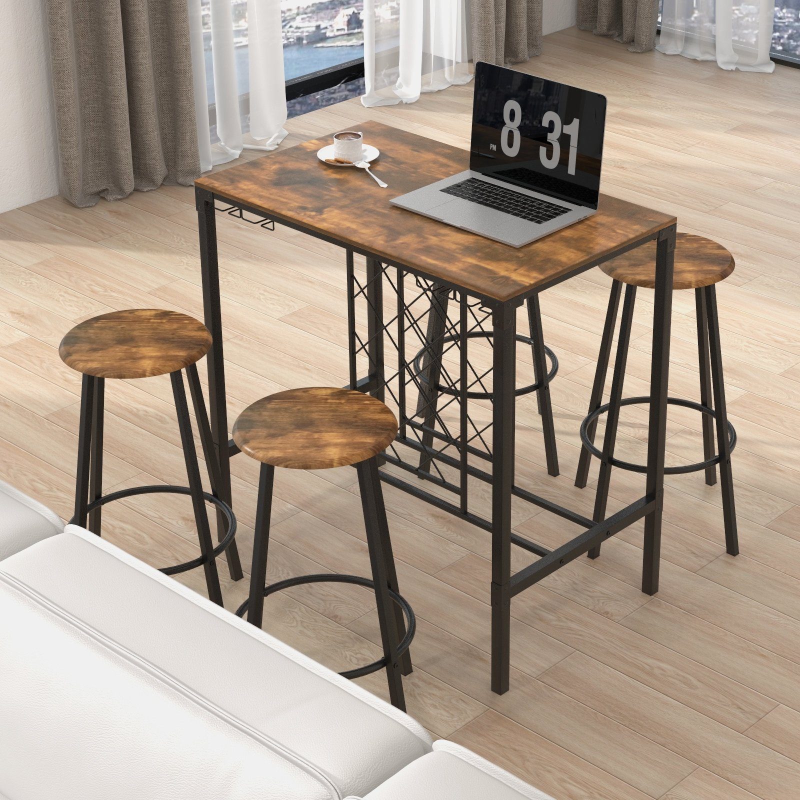 COSTWAY Bartisch, 5-tlg. mit 4 Barhockern, Weinregal und Glashalter