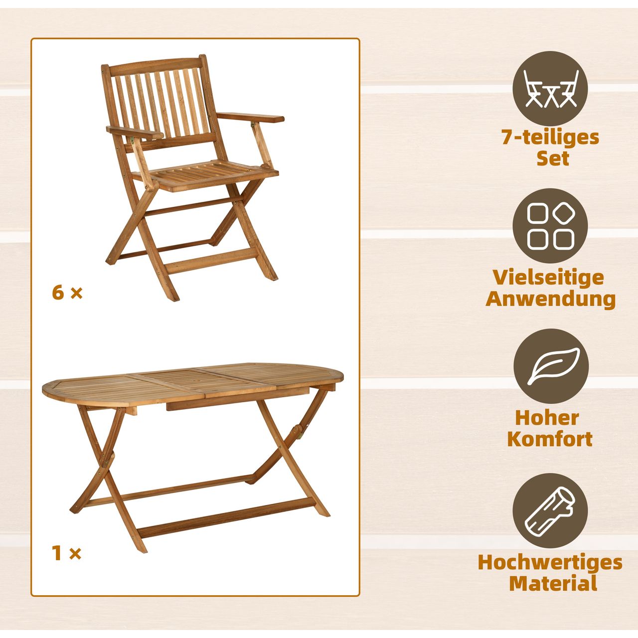 Outsunny Sitzgruppe 7tlg. Essgruppe Klappbar Gartenmöbel Set Massivholz Natur