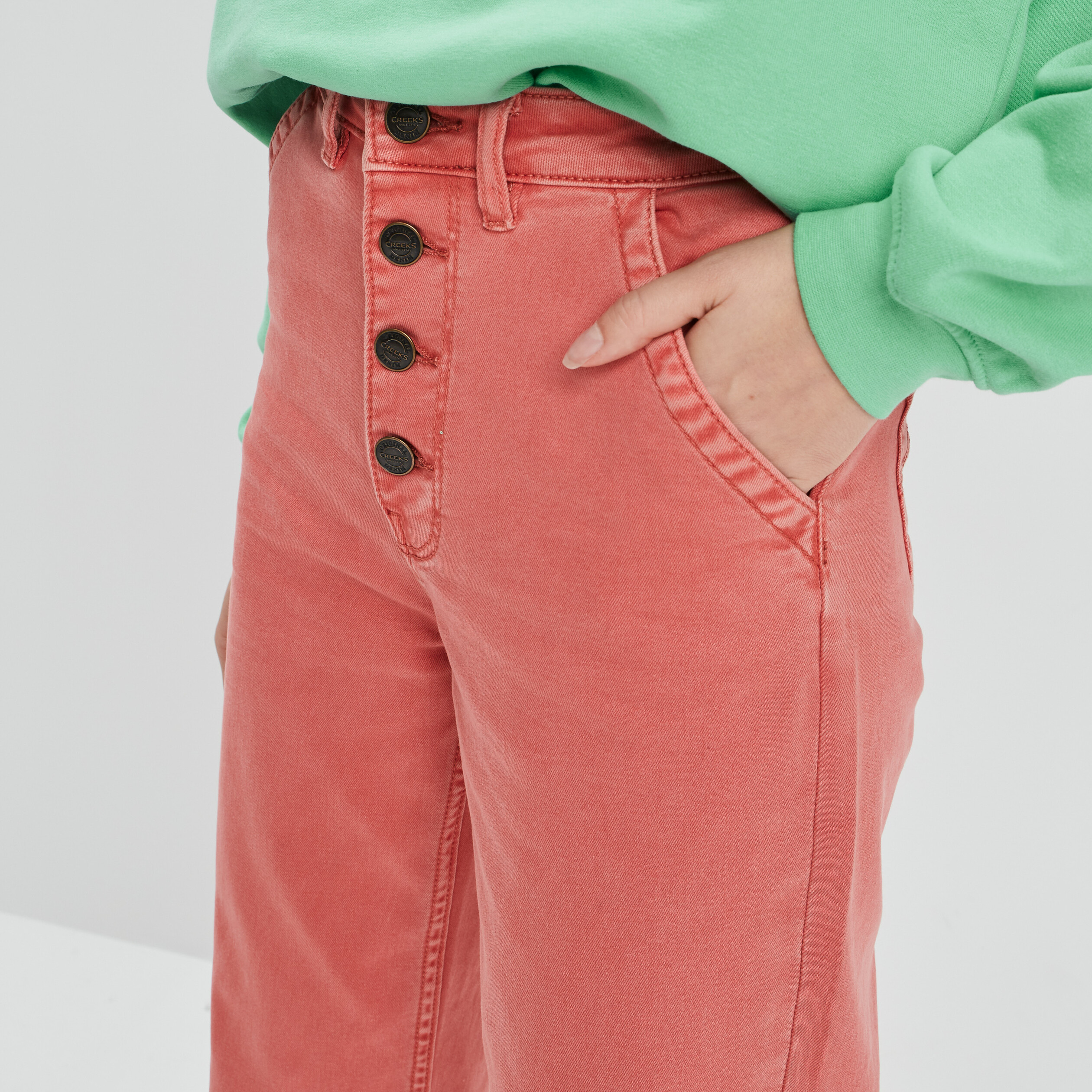 Pantalon jambe large 7 8ème boutonné rose corail femme | La Halle