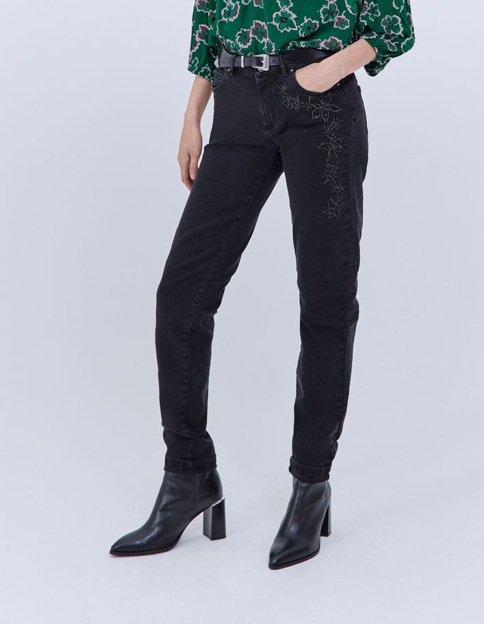 Jean slim gris effet sculpt up brodé fleurs Femme