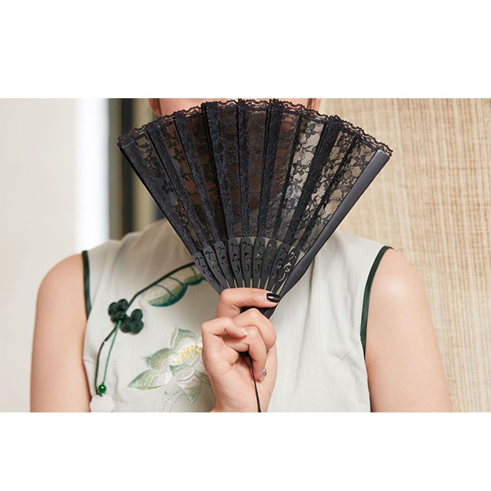 DRSEON Handfächer Spitzenfächer Mit Quaste Vintage Fächer (Schwarz)