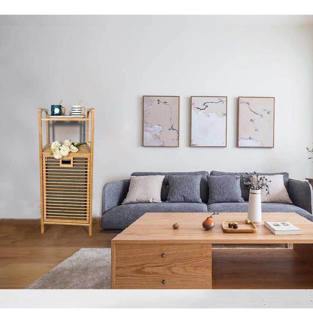 HAUOO Wäschekorb Badregal mit Abnehmbarem Wäschekorb, Badezimmerregal aus Bambus, Badschrank mit 2 Ablagen für Badaccessoires, mit Faltbarem Wäschesammler, für Badezimmer Schlafzimmer (einstellen, Wäschekorb+Bambusständer), Abnehmbar, Leicht zu beweg