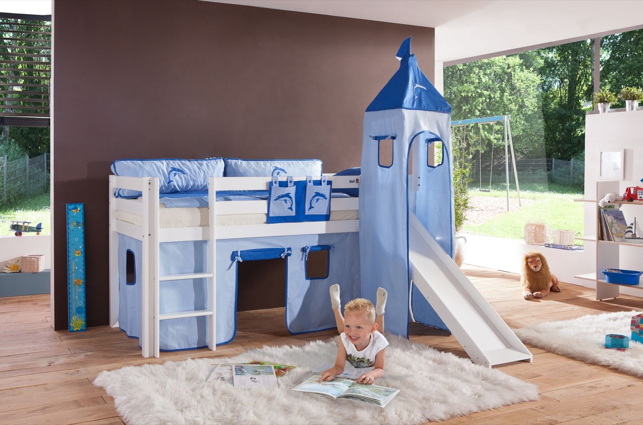 Relita Halbhohes Spielbett ALEX mit Rutsche/Turm Buche massiv weiß lackiert mit Stoffset blau/delfin