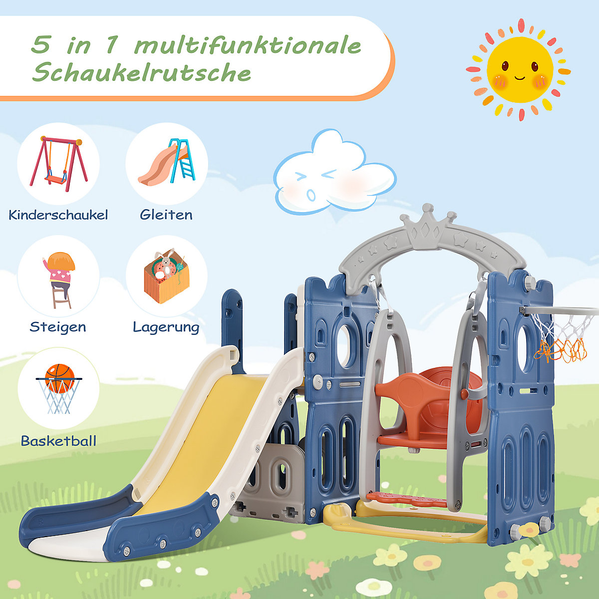 Rutsche 5-in-1 Kinderrutsche mit Schaukeln, Basketballkorb, Kletterspielzeug mit Trittleiter