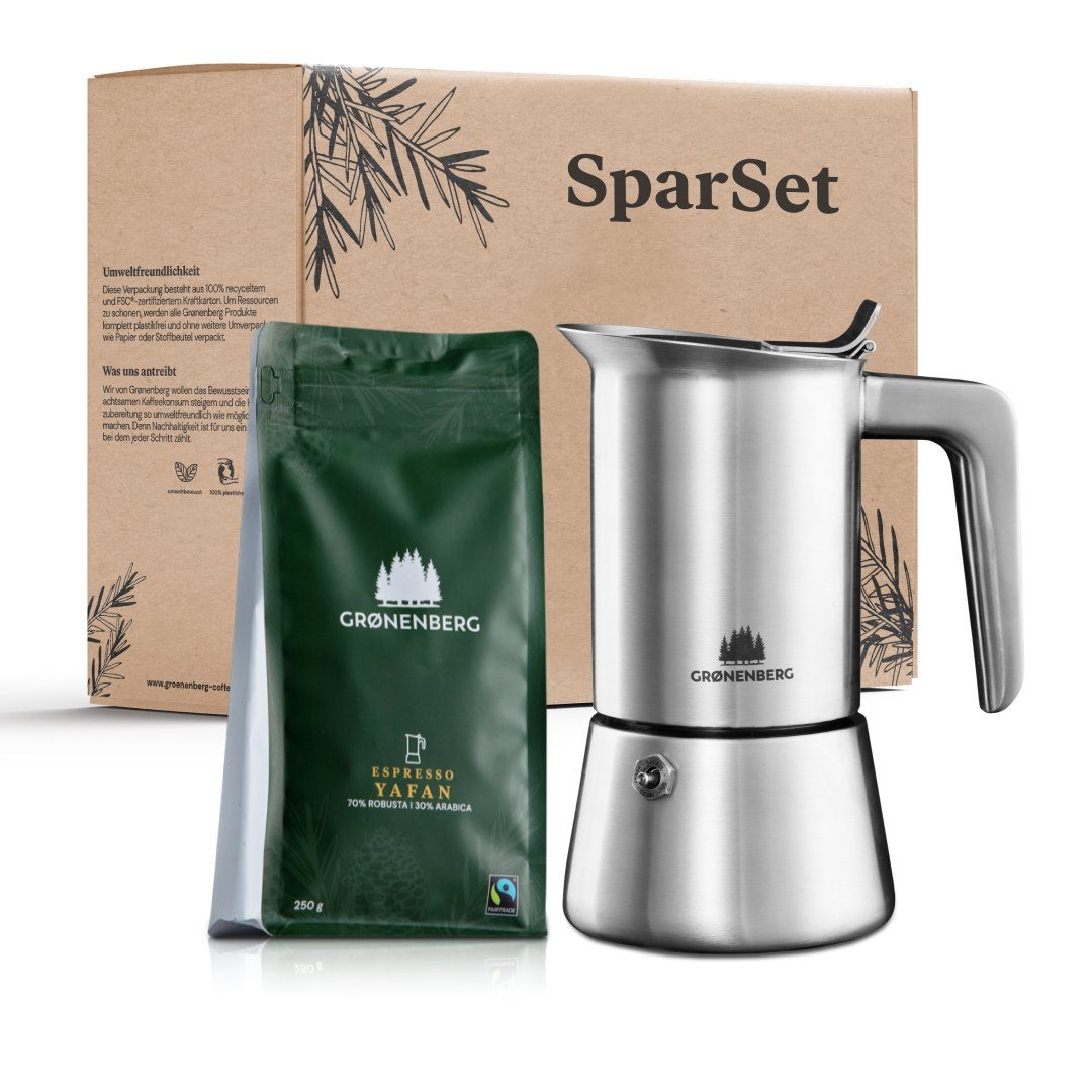 GRØNENBERG Espressokocher Spar Set 2.1: Bio Espressobohnen 250g + Espressokocher (2, 4, 6 Cup), Induktion geeignet & Inkl. Ersatz Dichtung