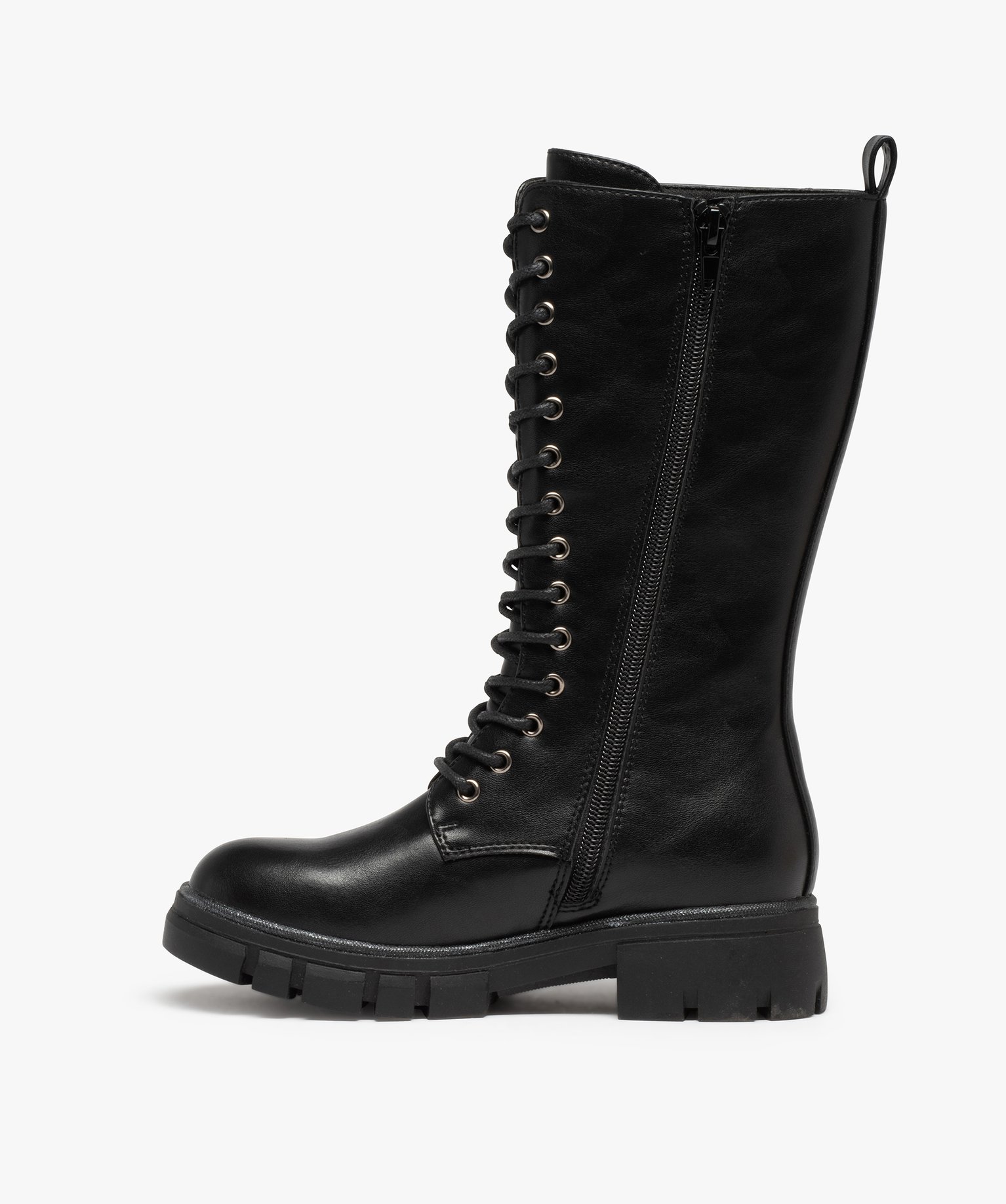 Bottes fille unies à semelle crantée fermeture lacets et zip noir | GEMO