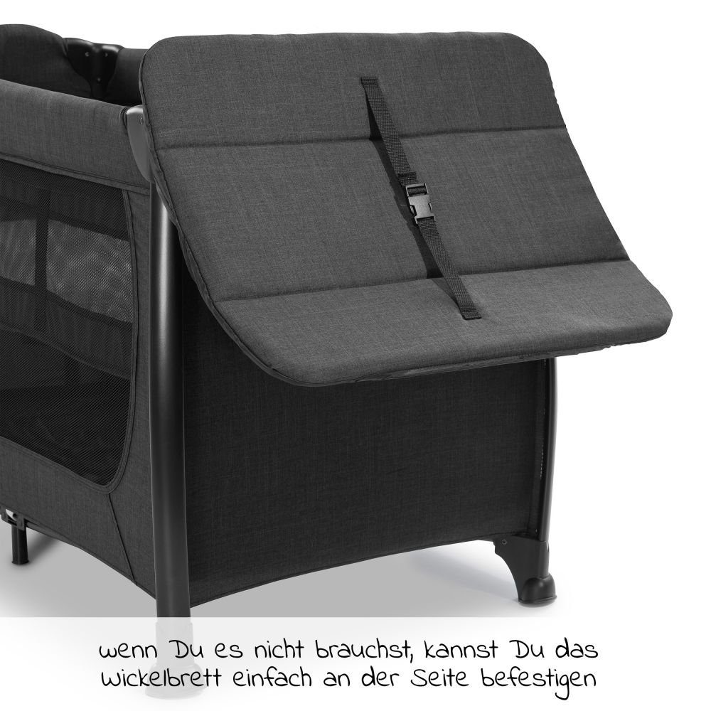 Hauck Baby-Reisebett Play'n Relax Center - Melange Black, 7-tlg., Kinderreisebett mit Matratze, Insektenschutz, Wickelauflage, Einhang