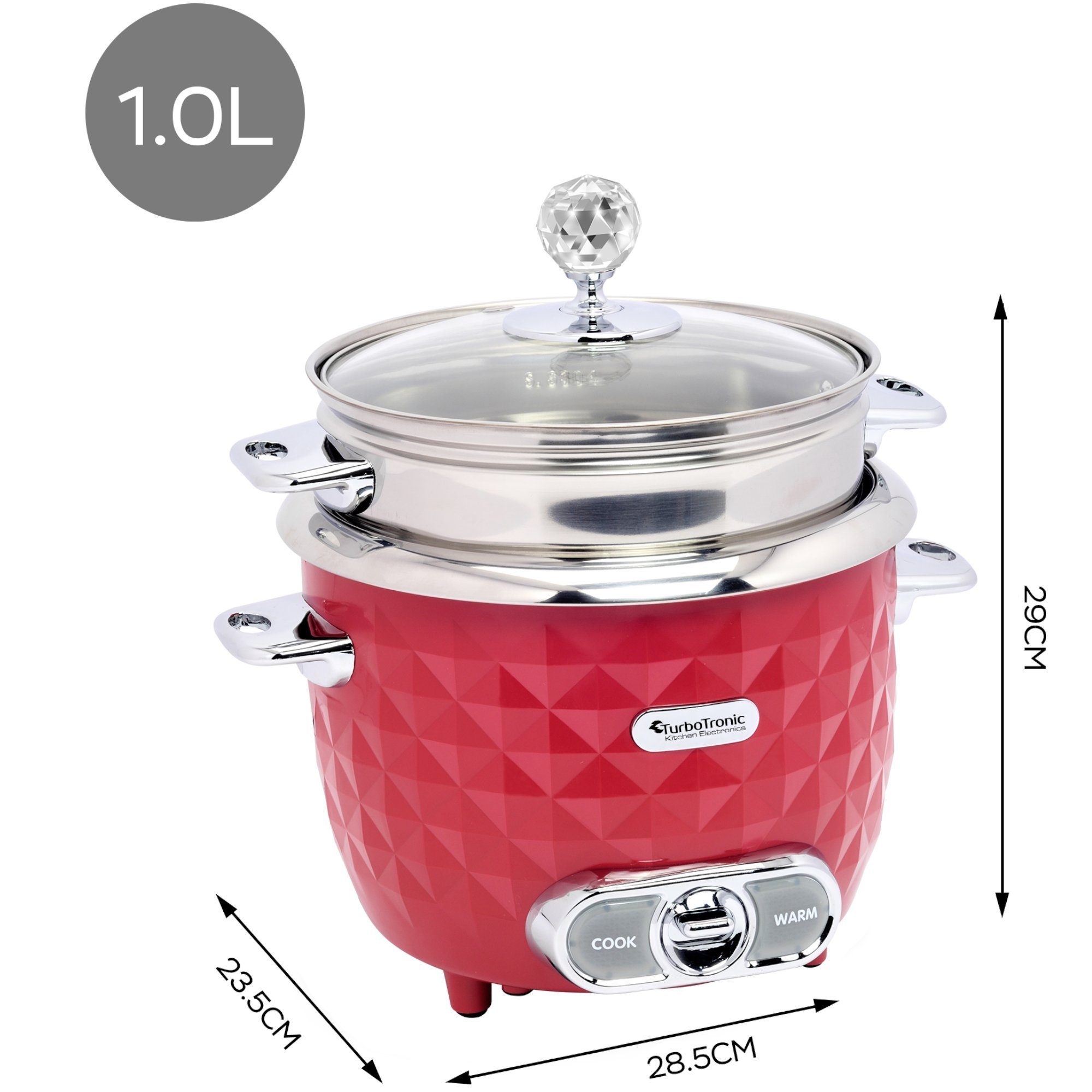 TurboTronic by Z-Line Reiskocher 1 Liter mit Dampfgareinsatz aus Edelstahl PLASTIKFREI, 400 W, mini Design Dampfgarer kleiner Reistopf Milchreis Cooker
