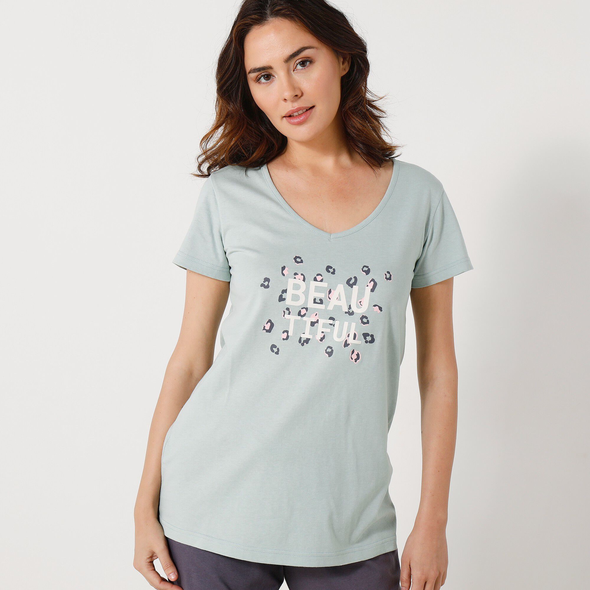 Tee-shirt manches courtes coton uni imprimé placé 