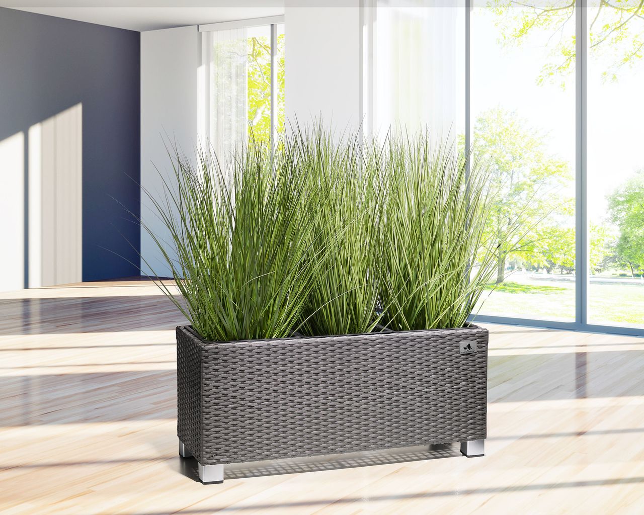 Weles Pflanzkübel Polyrattan 78 x 27 x 34 cm, für Innen und Außen, Kunststoffeinsatz, grau