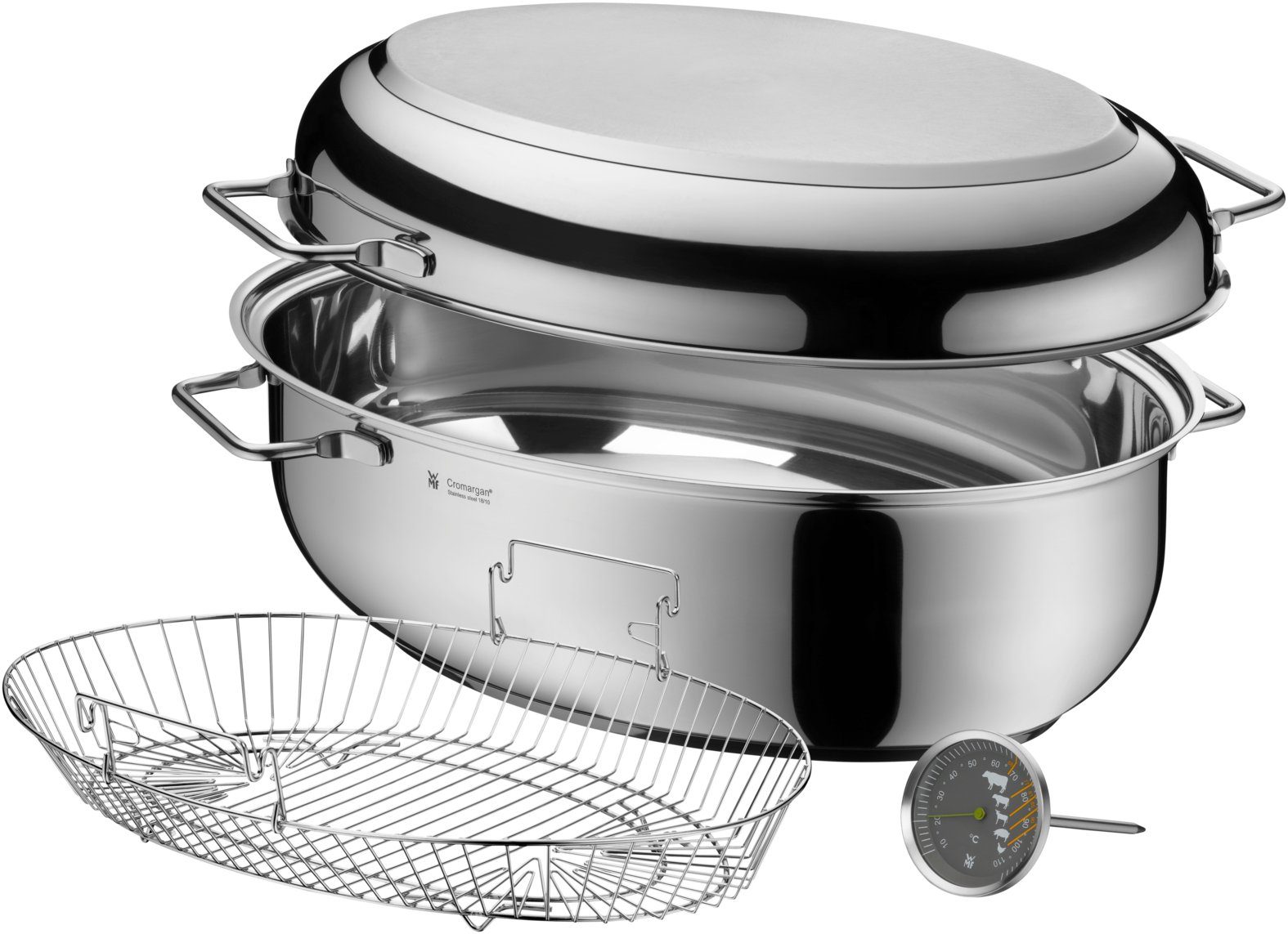 WMF Bräter, Cromargan® Edelstahl rostfrei 18/10 (1-tlg., Bräter oval, Induktionsdeckel, Bräter-Einsatz, Bratenthermomter)