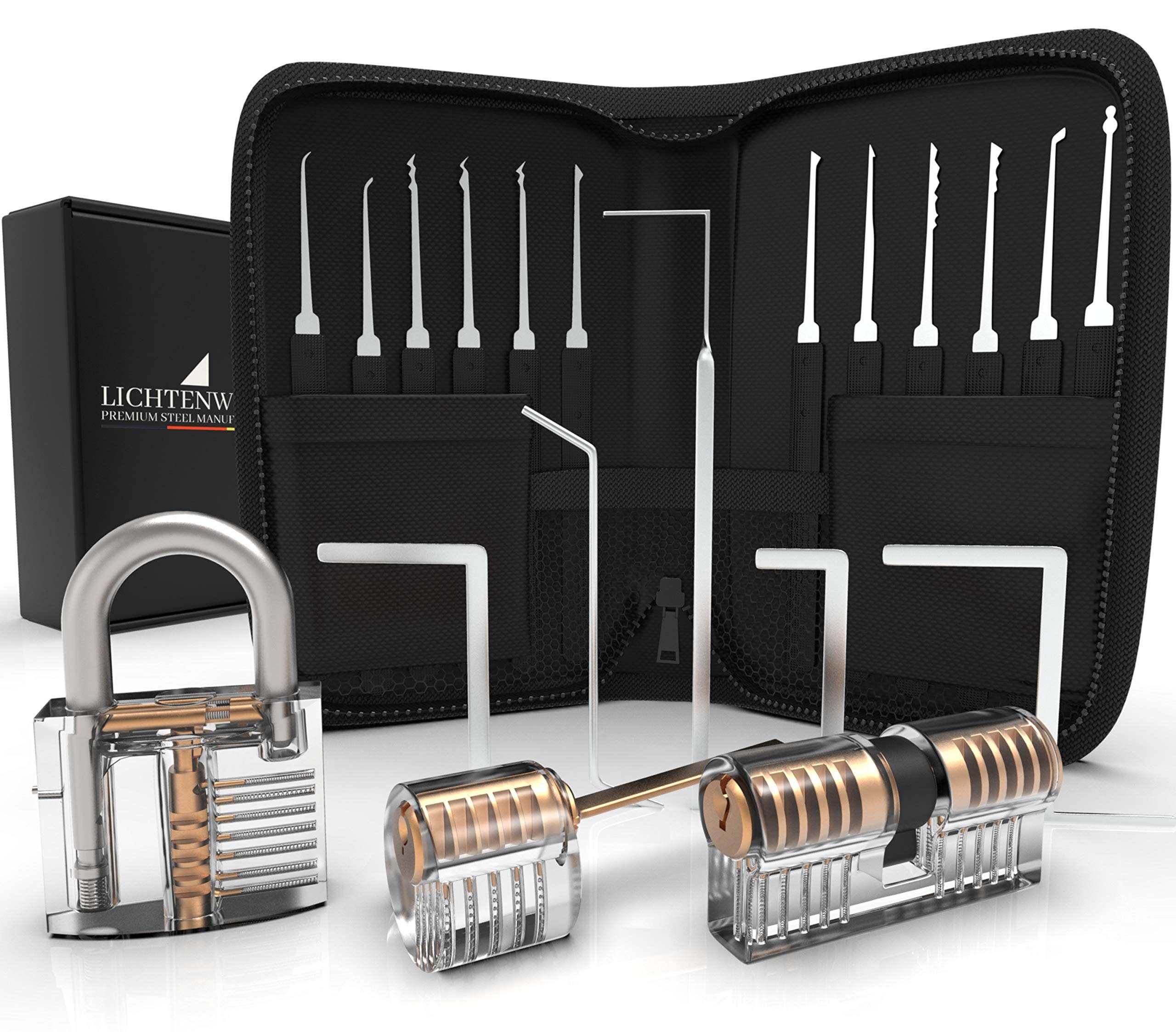 Meistergut Vorhängeschloss Lockpicking Set XXL Profi 24-teilig, 3 Schlösser & Anleitung, (22-tlg., 30 Teiliges Set), Schlüssel entsperren