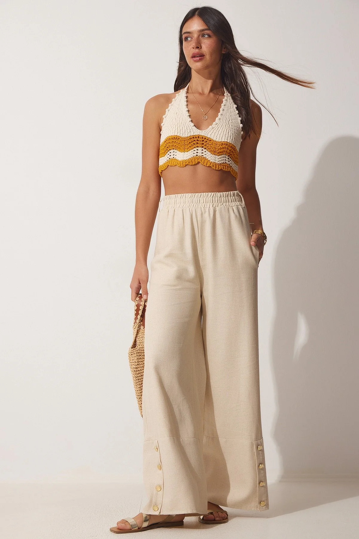 Happiness İstanbul  Damen-Palazzo-Hose aus Leinen in Creme mit stilvollen Knöpfen und Details MX00095