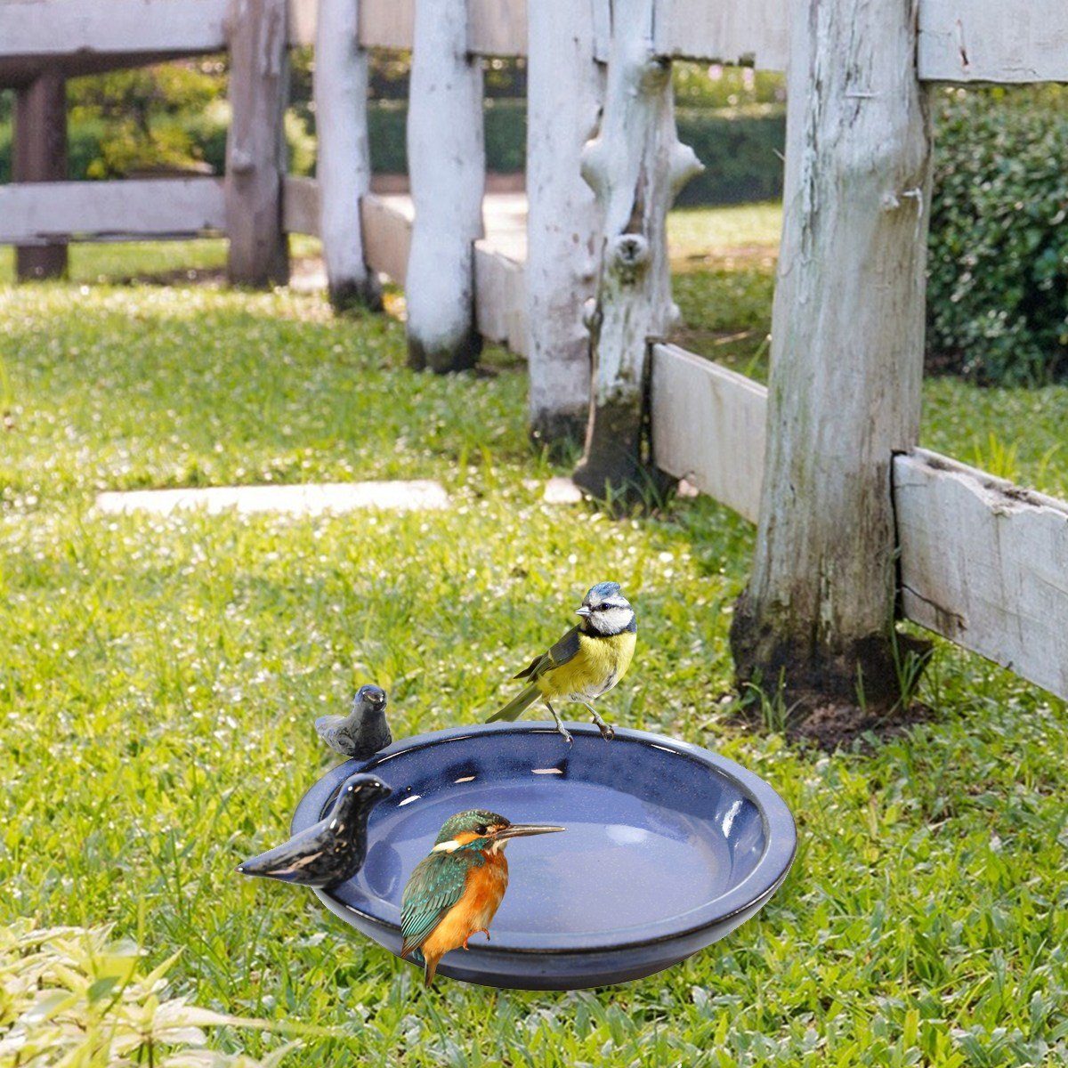 colourliving Vogeltränke Vogeltränke für den Garten 30cm blau Keramik Vogeltränke rund Vogelbad, handbemalt, glasiert, leicht zu Reinigen
