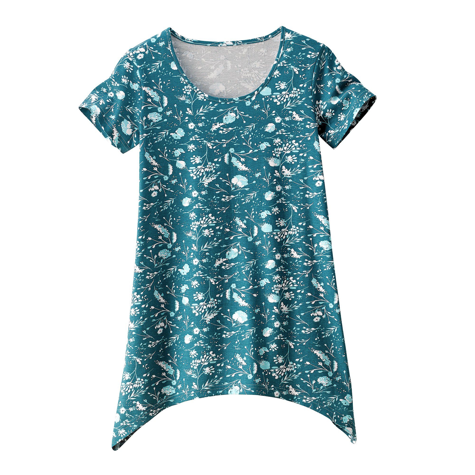 Tee-shirt asymétrique manches courtes – fleuri émeraude