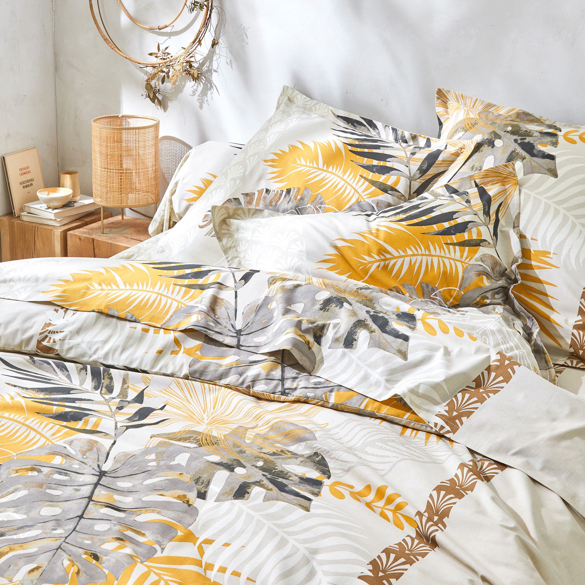 Linge de lit Cayenne en coton imprimé feuilles de palmiers