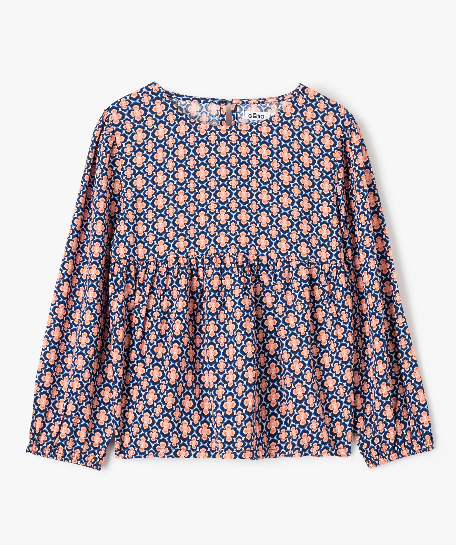 Blouse fille coupe empire à manches longues et motifs bleu | GEMO