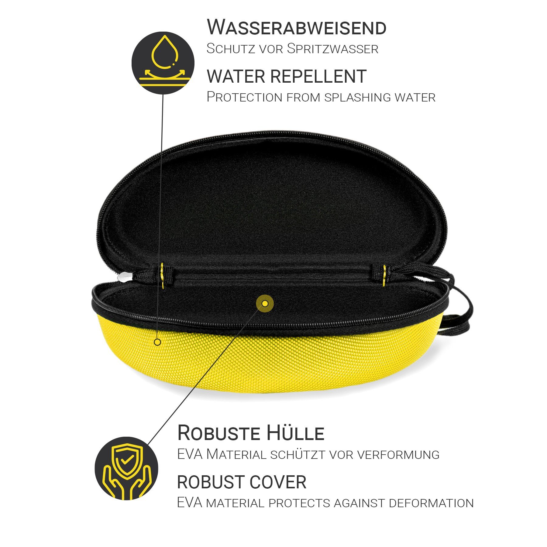 Hi-SHOCK Brillenetui HI-Case gelb, Stoßabsorbierendes Hartschalen-Case mit Schlaufe & Reißverschluss und Mikrofasertuch