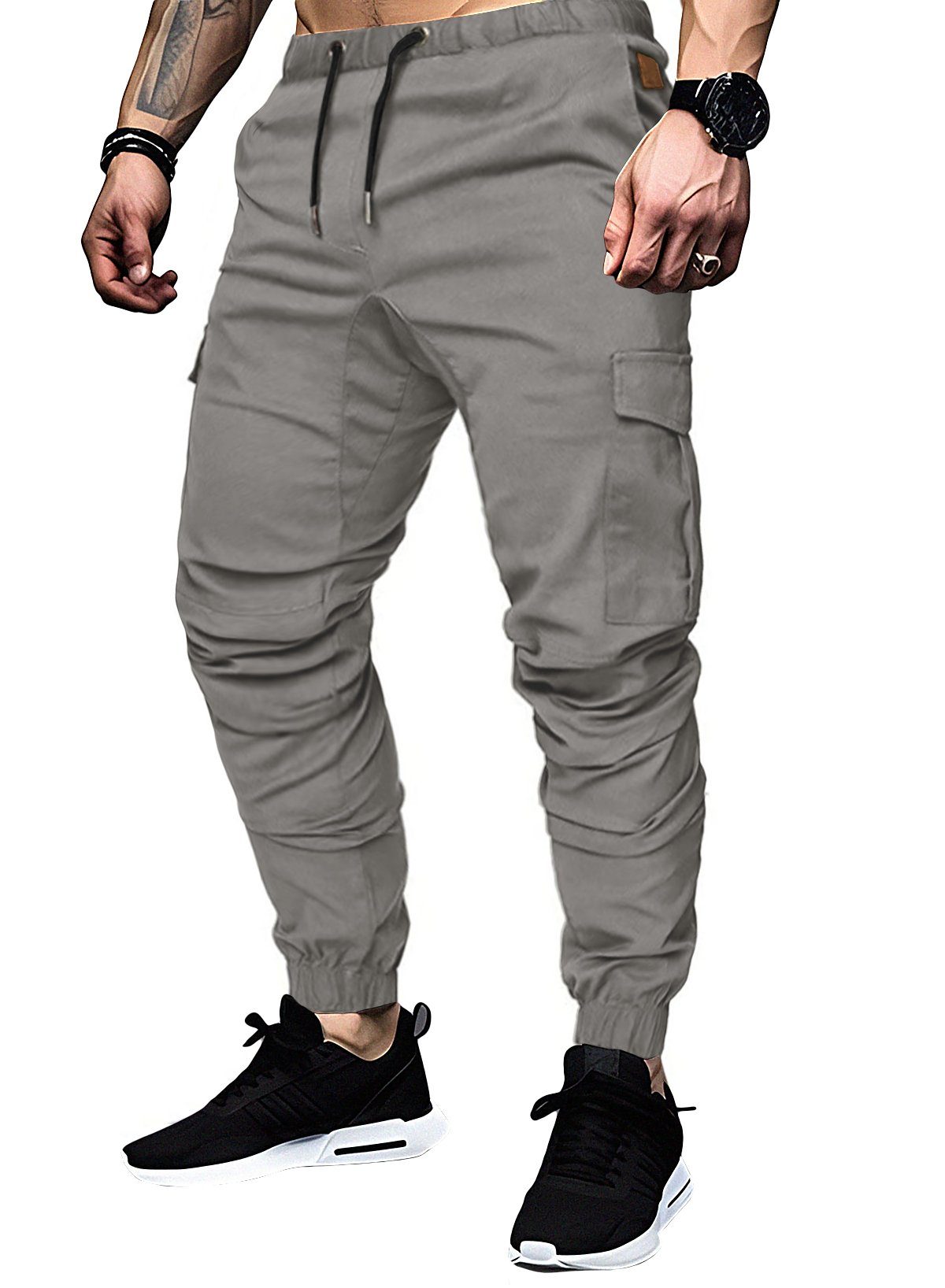 JMIERR Cargohose Cargohose Herren Baumwolle Chino Hose Jogginghose für Männe 32-40 (mit Bindegürtel, cargohose) in Unifarbe, Elastikbund mit Tunnelzug