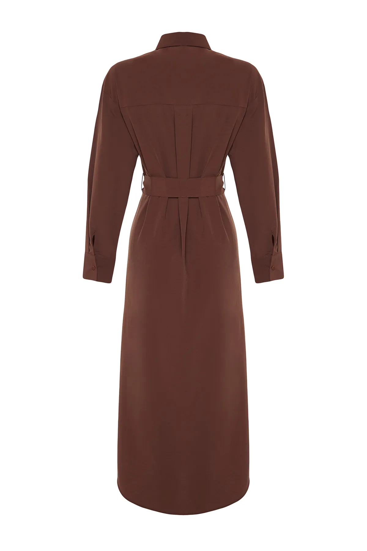 Trendyol Modest  Braunes Hemdkleid aus gewebter Baumwolle mit Gürtel und Bündchen TCTSS23EB00072