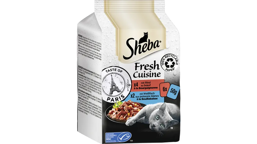 SHEBA® Fresh Cuisine Taste of Paris mit Rind und mit Weißfisch Portionsbeutel 300 g